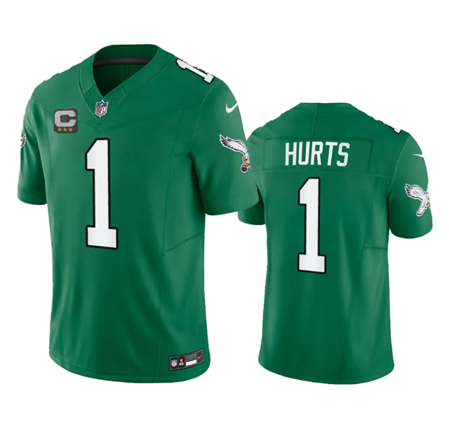 Men's Philadelphia Eagles #1 Jalen Hurts Green 2023 F.U.S.E. Vapor Untouchable With C Patch Stitched Football Jersey - Click Image to Close